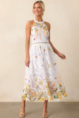 Twirl Me Lavender Floral Embroidered Halter Midi Dress