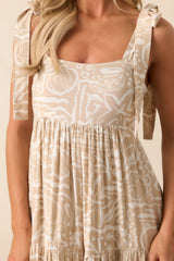 Stay A Little Longer Beige Tropical Print Tiered Midi Dress