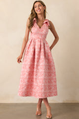 Margaret Pink Coral Floral Jacquard Midi Dress