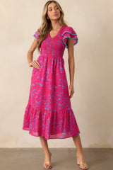 Never A Dull Moment Fuchsia Floral Cotton Midi Dress