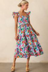 Life In Full Bloom Light Blue Floral Cotton Midi Dress