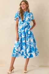 Happened So Naturally Blue Floral Print Cotton Midi Shirt Dress