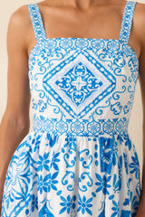 Prosperina Lydia Blue Tile Print Cotton Midi Dress