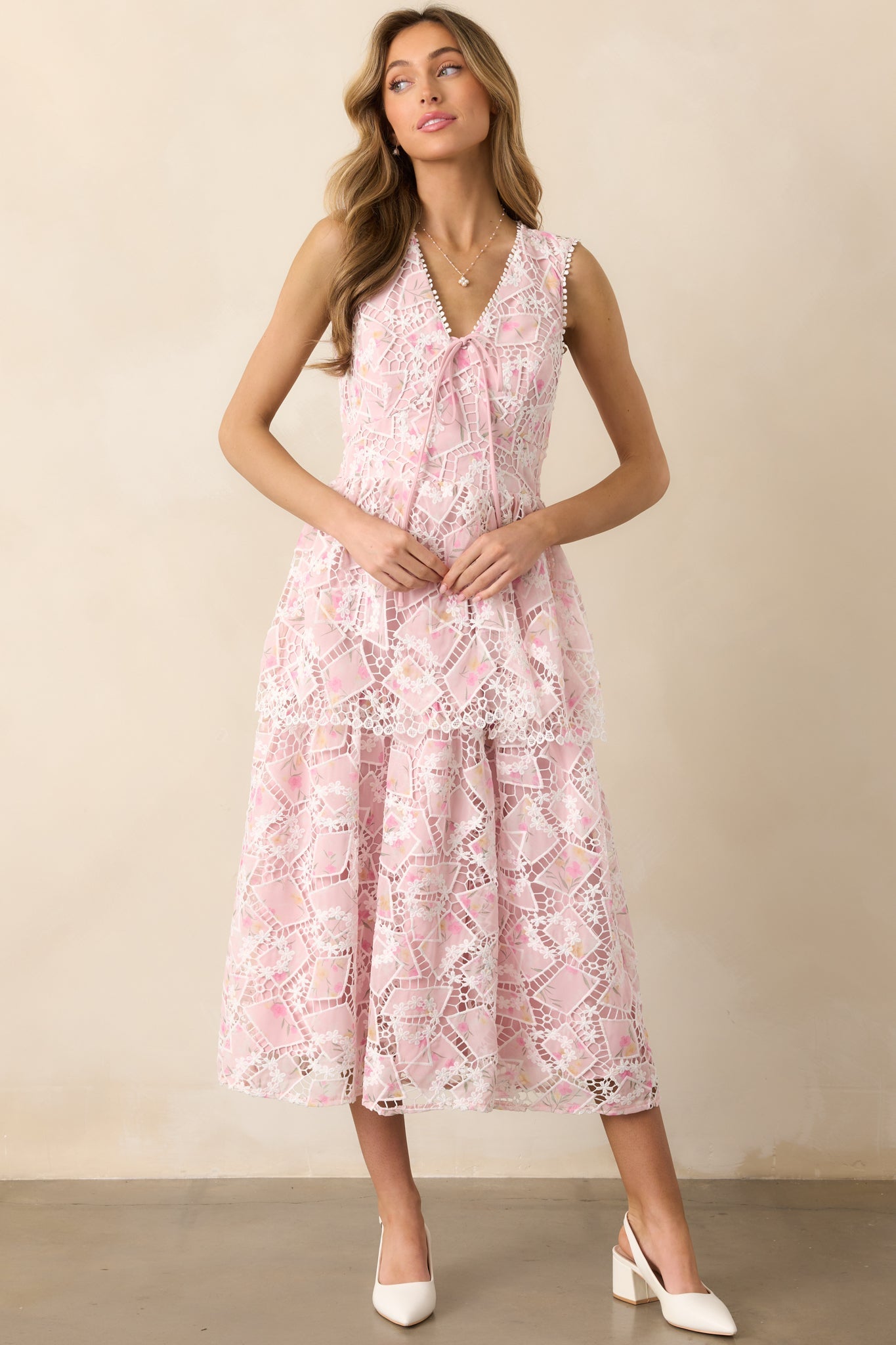 Something Nice Light Pink Floral Embroidered Midi Dress