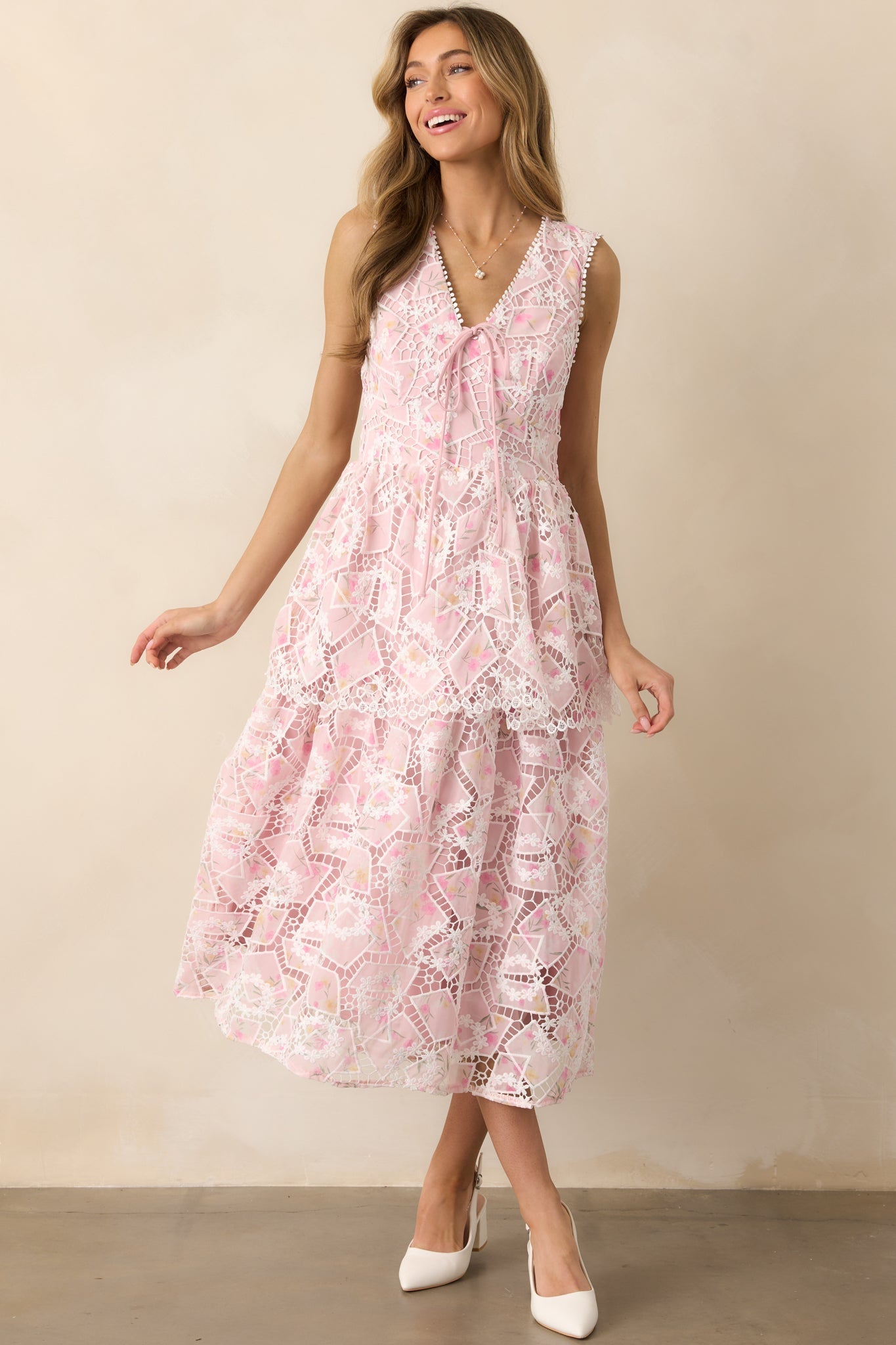 Something Nice Light Pink Floral Embroidered Midi Dress