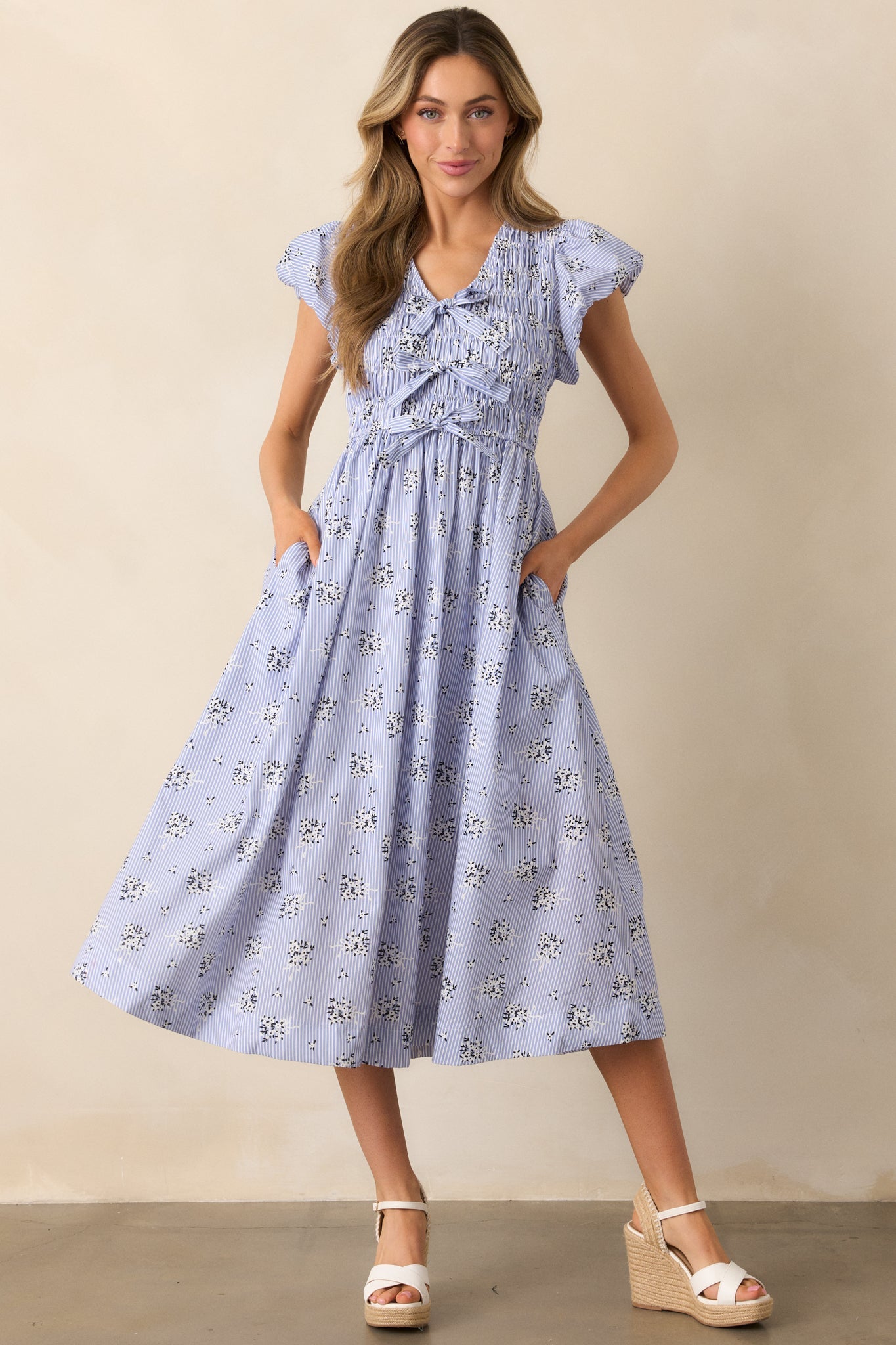 On A Good Note Blue Stripe Floral Cotton Midi Dress