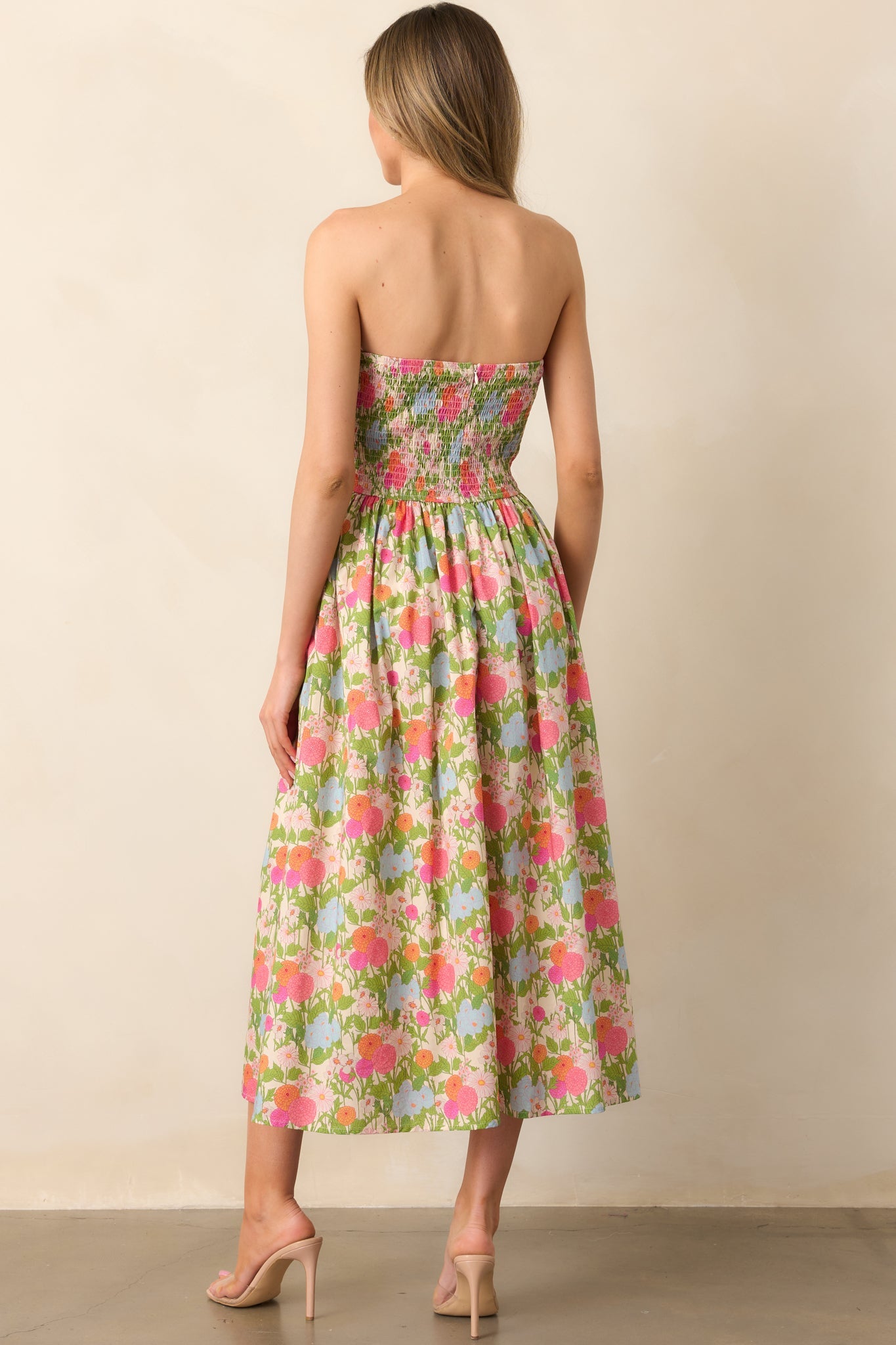 The Genevieve Green Multi Floral Cotton Strapless Midi Dress