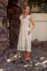 Lane Embroidered Midi Dress in Cream