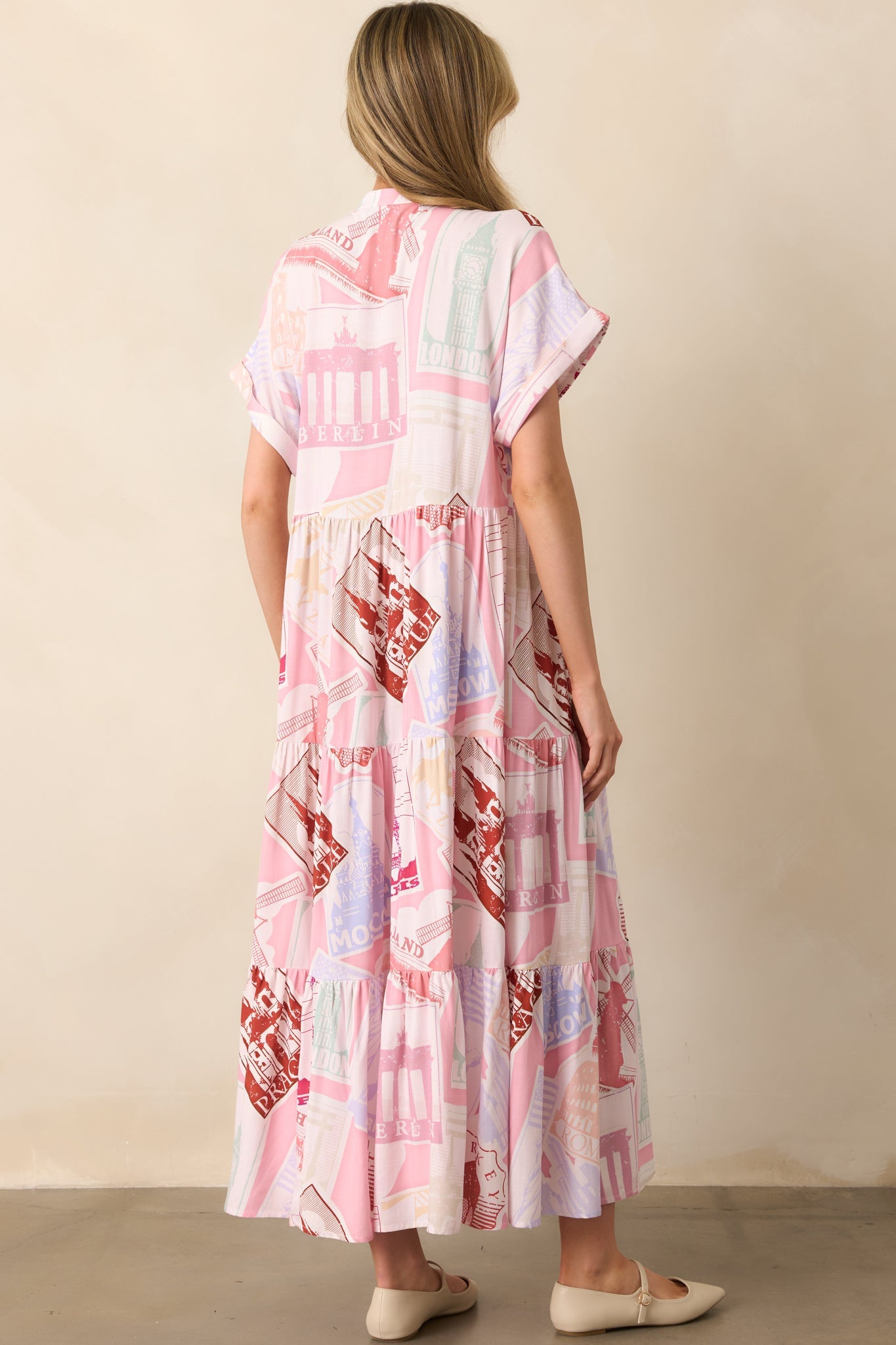 Mallory Passport Print Pink Midi Dress