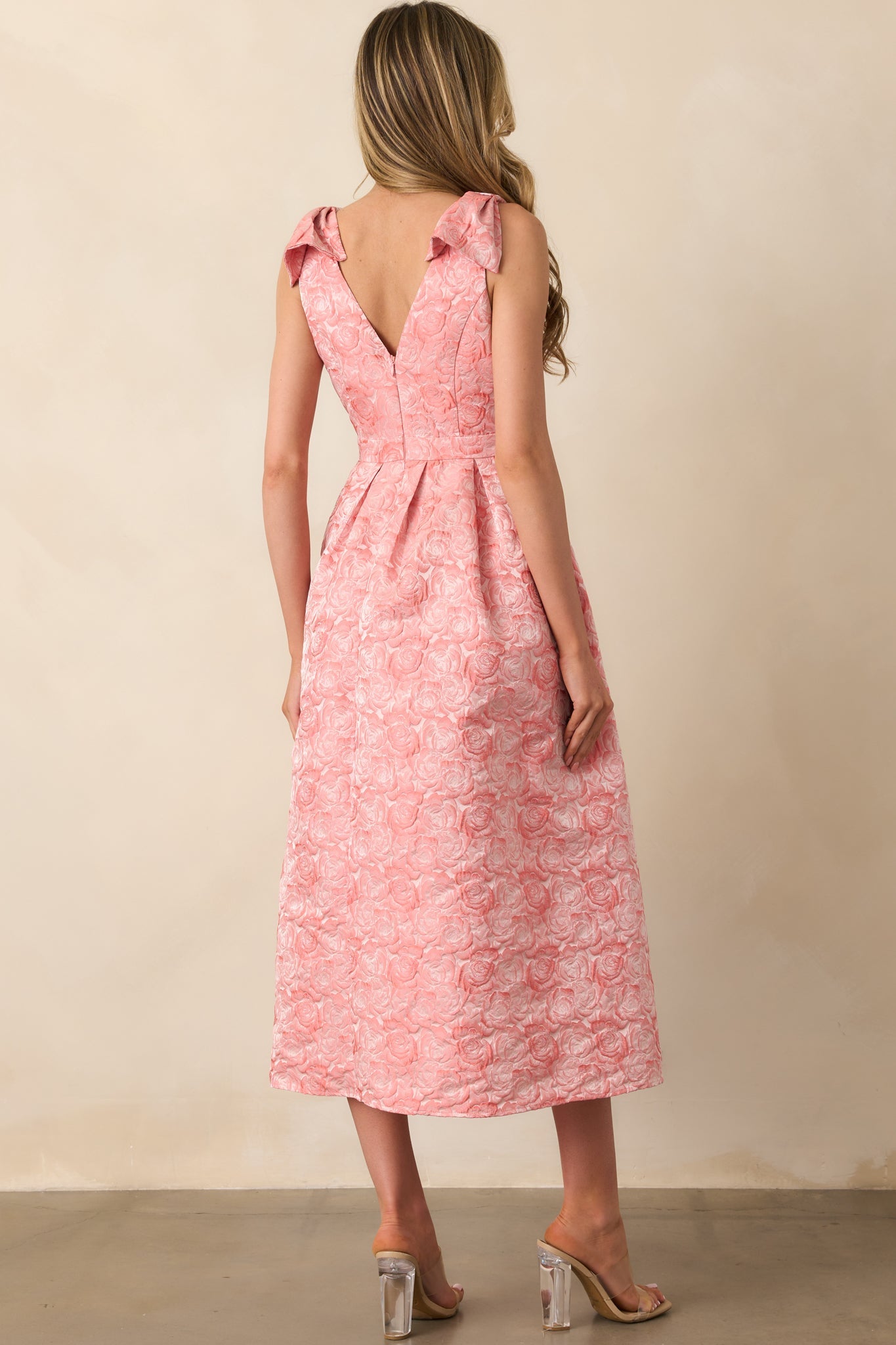 Margaret Pink Coral Floral Jacquard Midi Dress