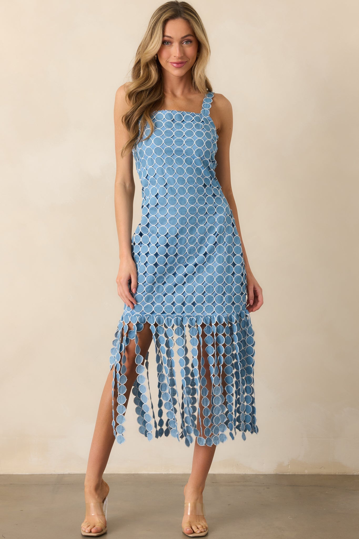 The Finer Things Blue Embroidered Fringe Midi Dress