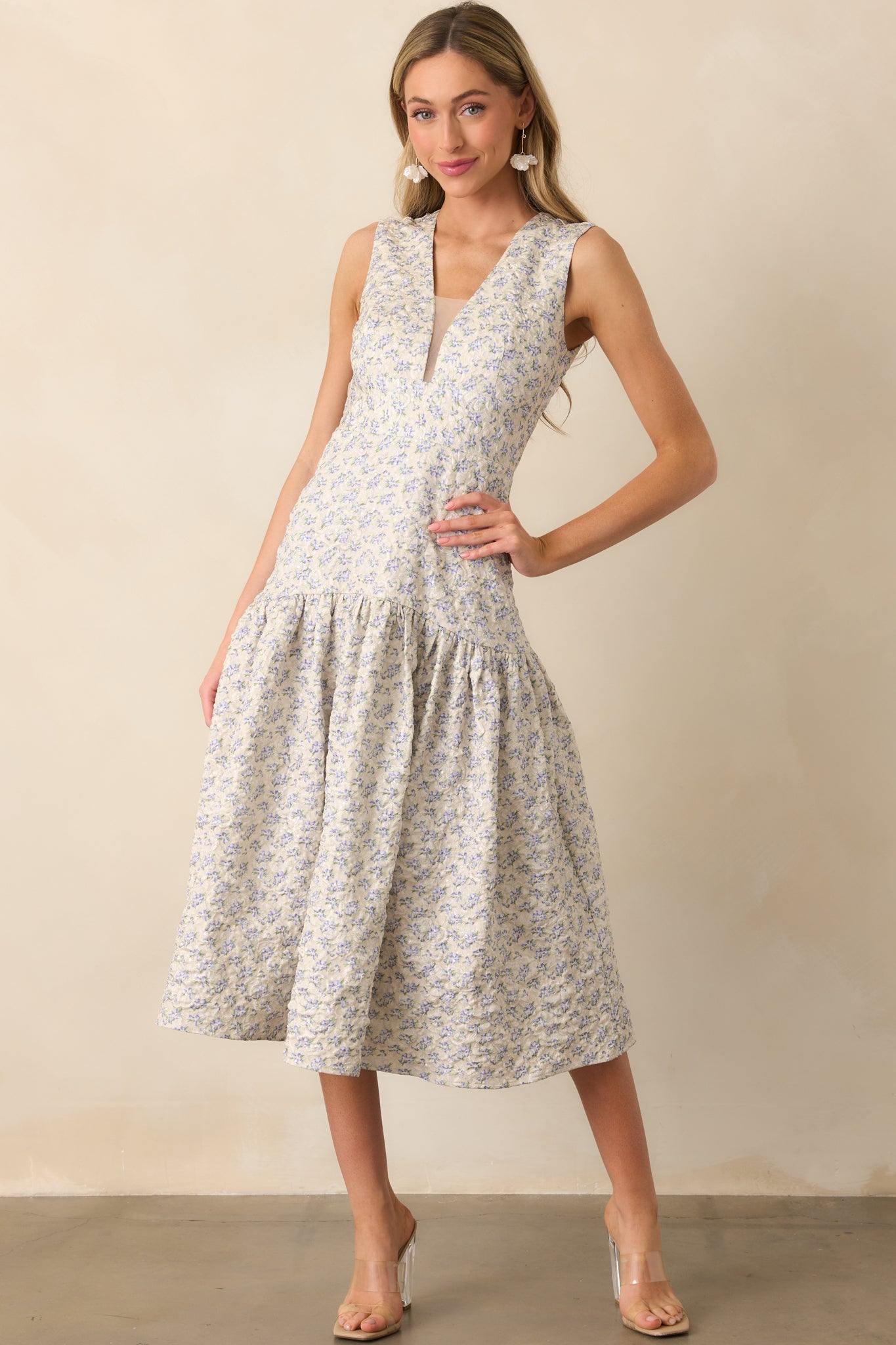 The Unexpected Periwinkle Floral Jacquard Midi Dress