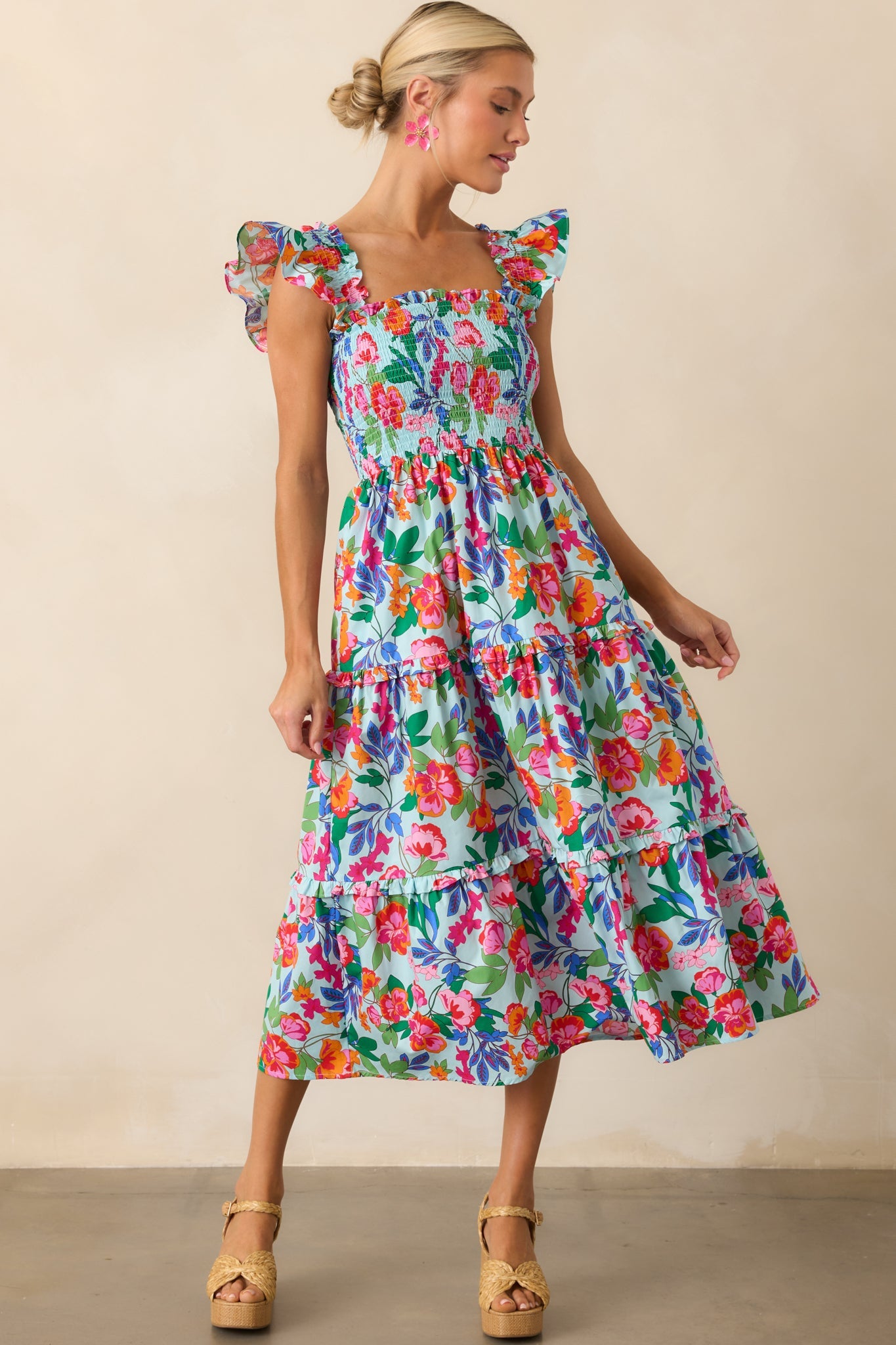 Life In Full Bloom Light Blue Floral Cotton Midi Dress