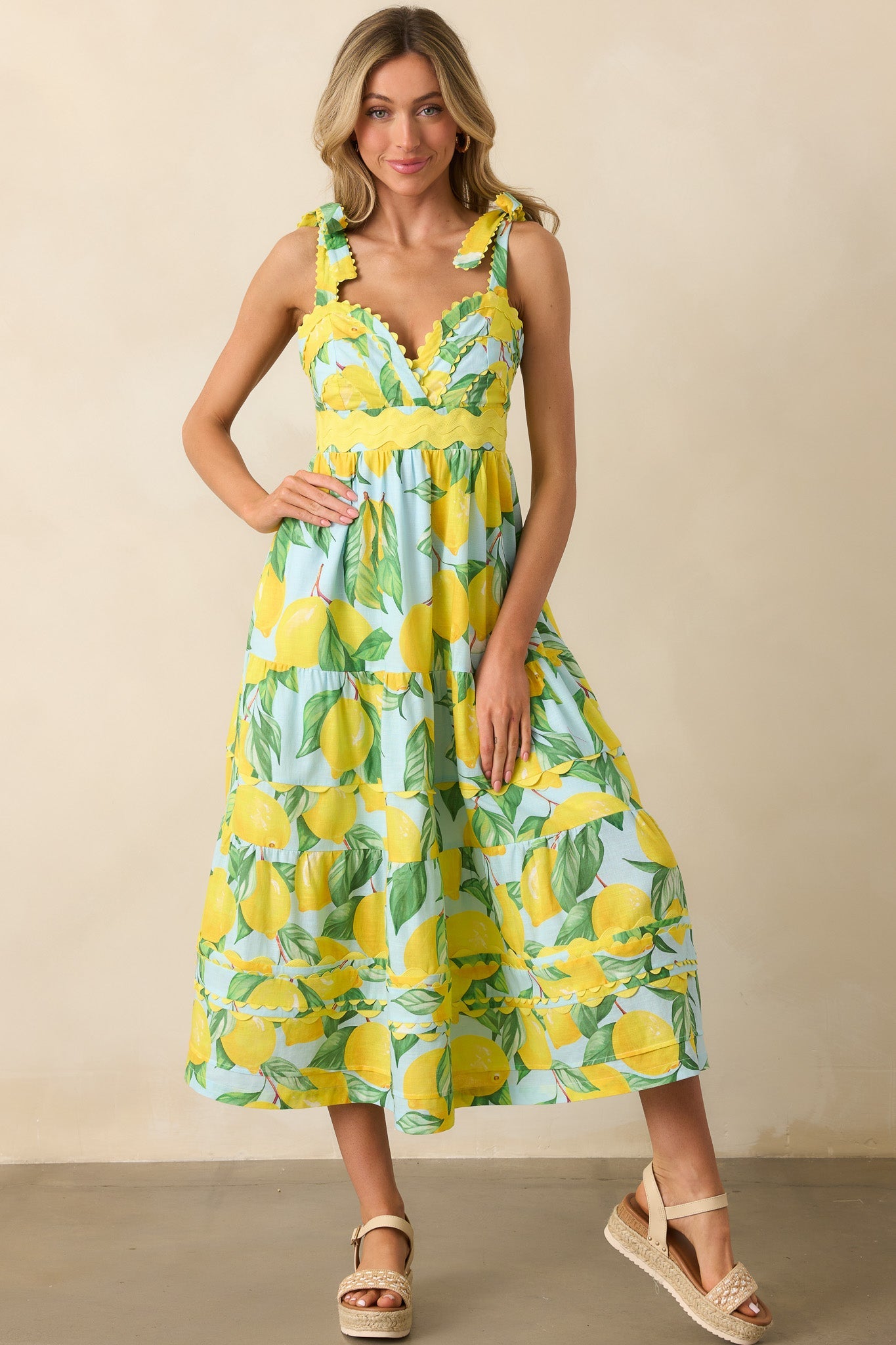 Prosperina Caterina Blue Lemon Print Cotton Midi Dress