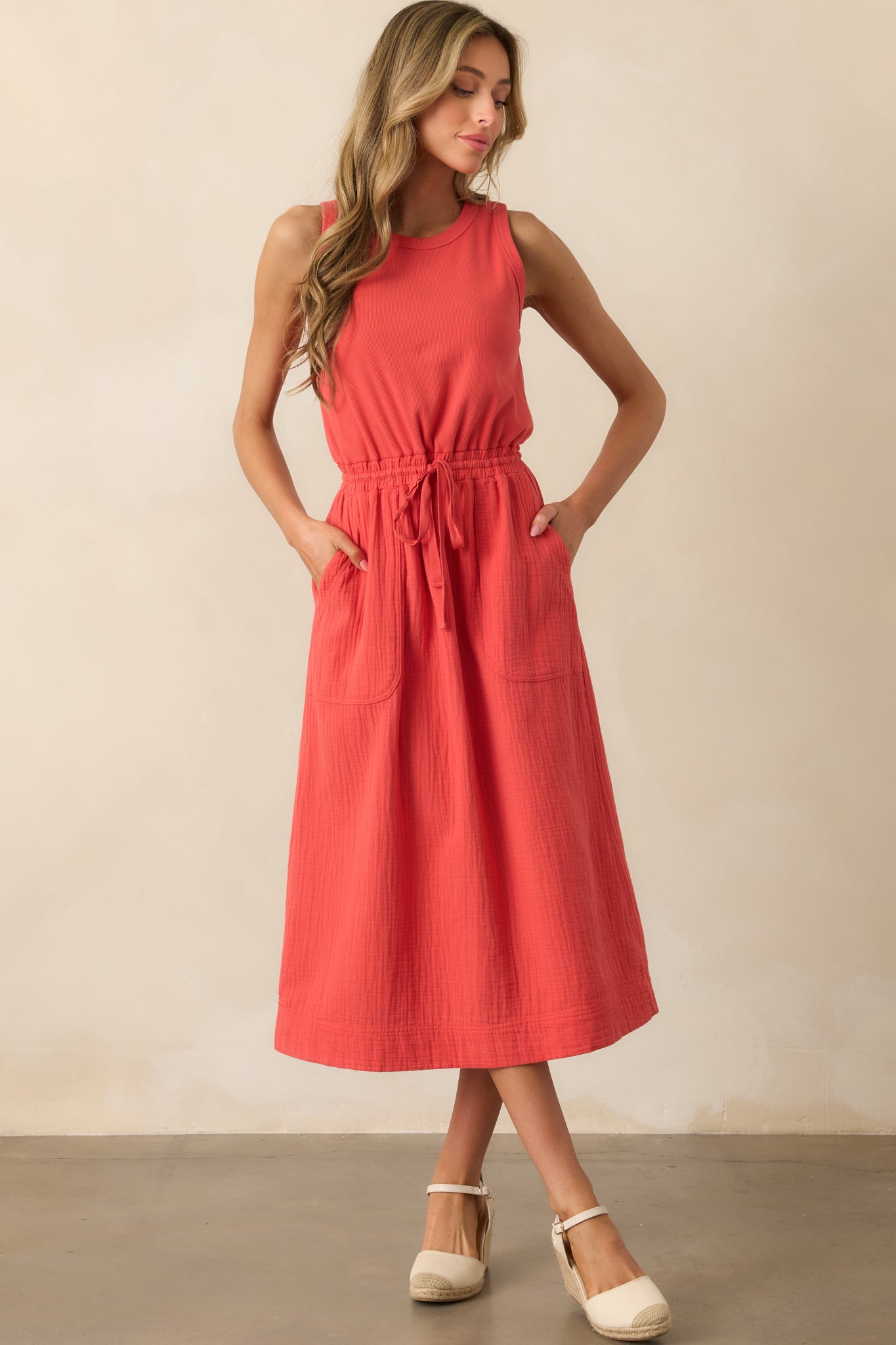 Moving Slowly Tomato Red Cotton Gauze Sleeveless Midi Dress