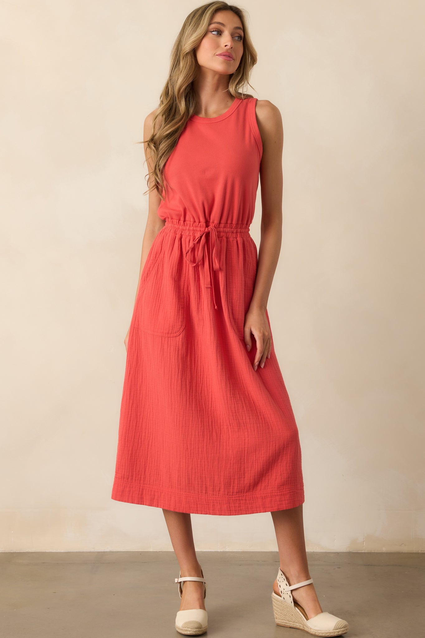 Moving Slowly Tomato Red Cotton Gauze Sleeveless Midi Dress