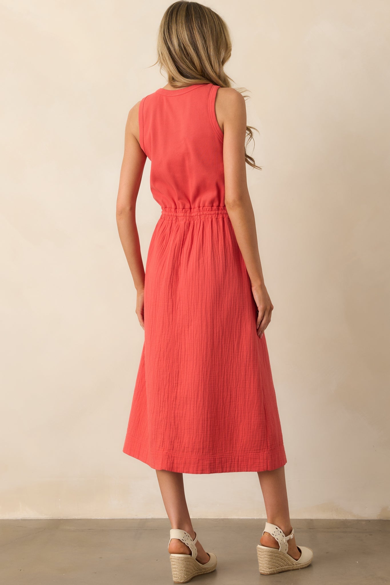 Moving Slowly Tomato Red Cotton Gauze Sleeveless Midi Dress