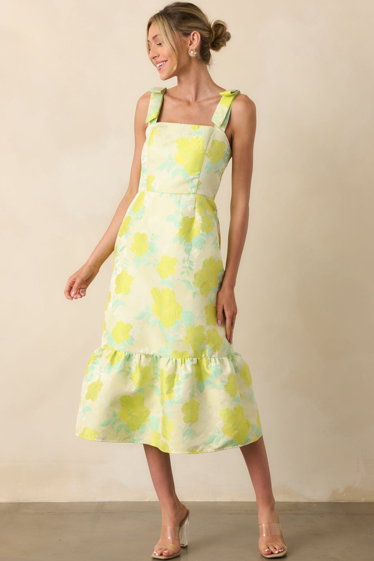 Making An Entrance Yellow Green Floral Print Jacquard Midi Dress