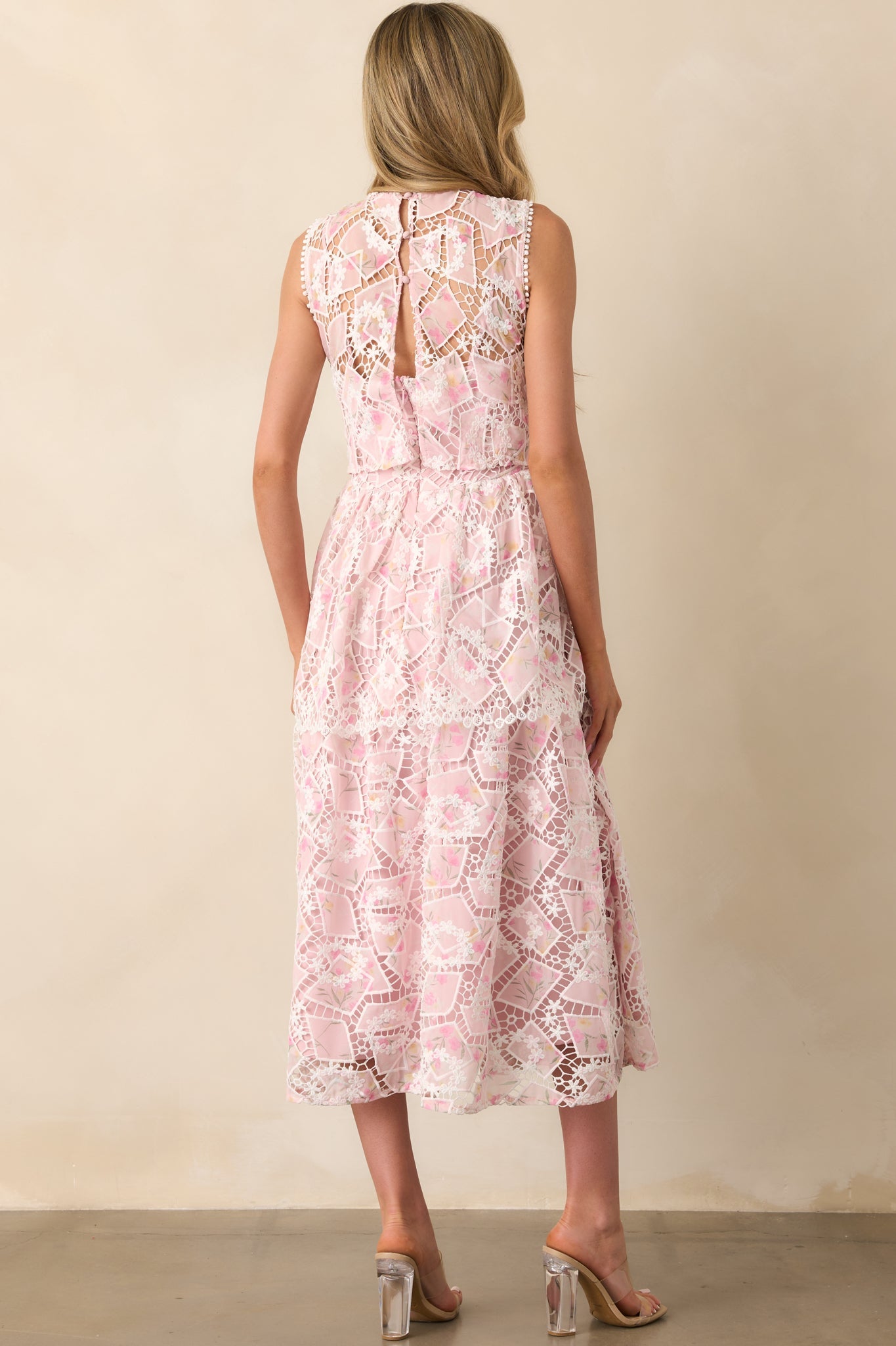 Something Nice Light Pink Floral Embroidered Midi Dress