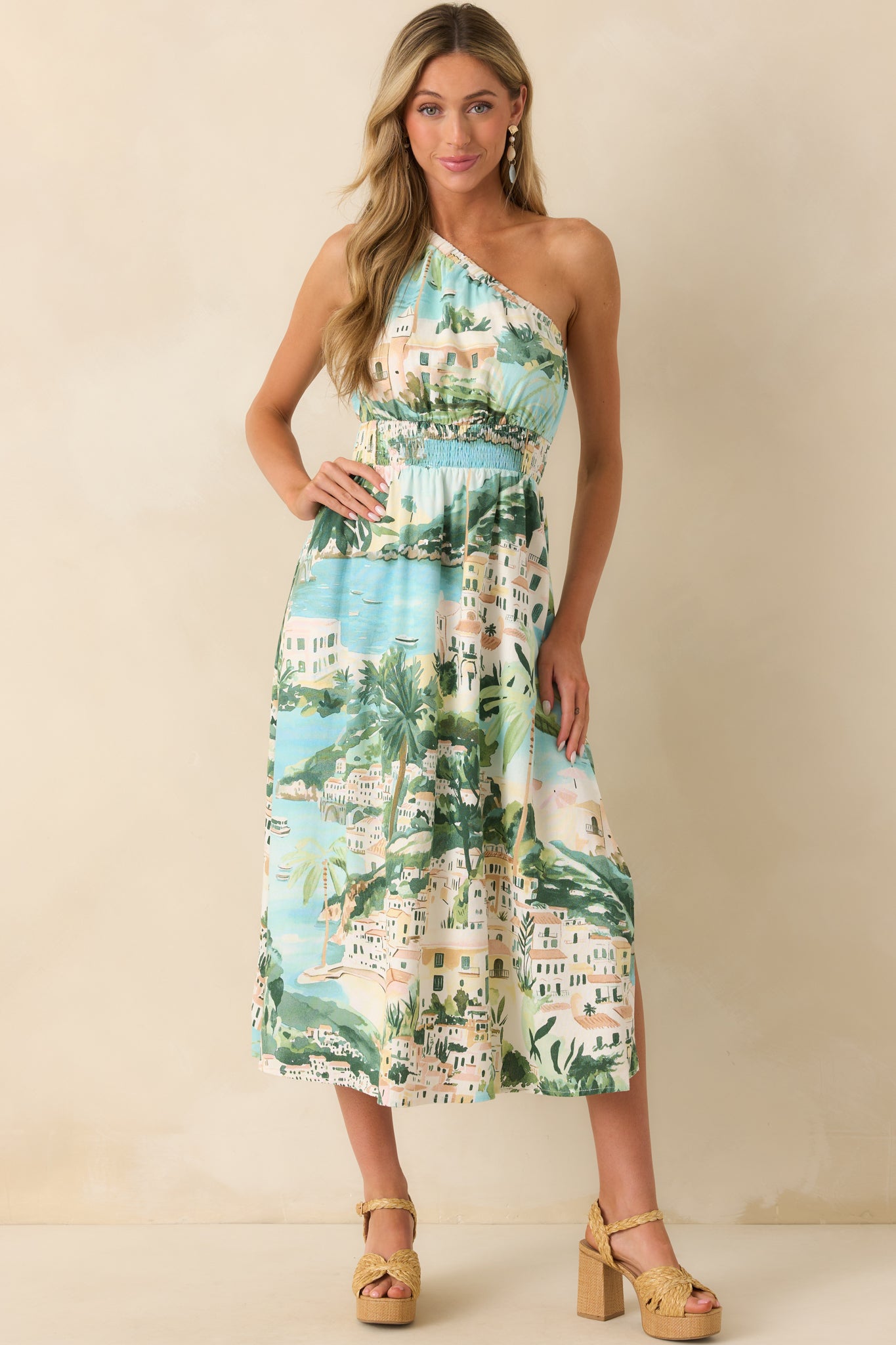 Made My Day Blue Multi Shoreline Print One Shoulder Midi Dress