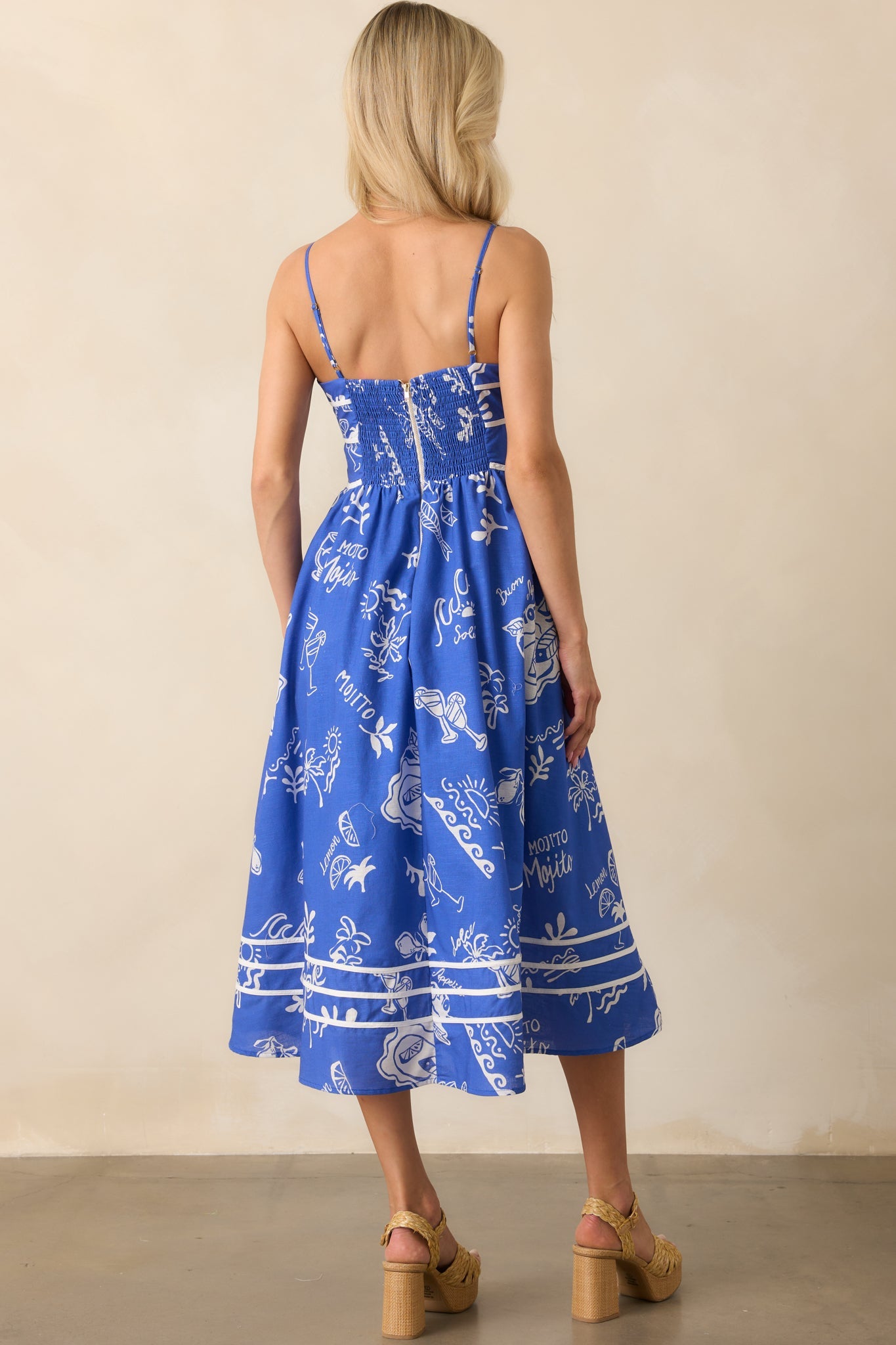 Prosperina Silvia Royal Blue Mojito Print Linen Midi Dress