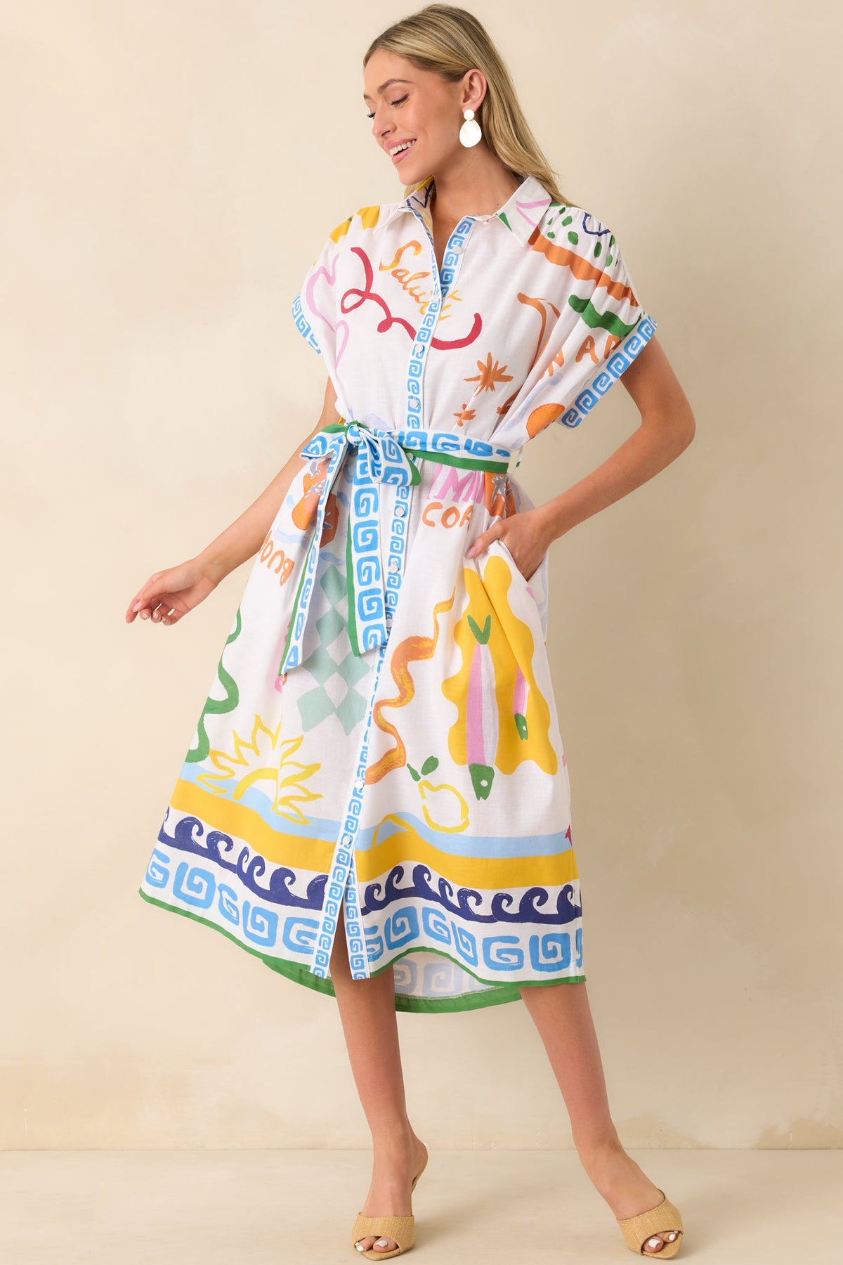 Prosperina Cleo Multi Print Linen Blend Midi Dress